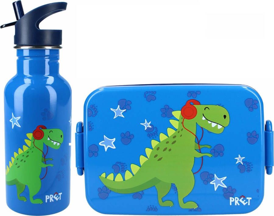 Dino World Crazy Dino lunchbox set voor kinderen 2-delig blauw kunststof rvs Lunchboxen