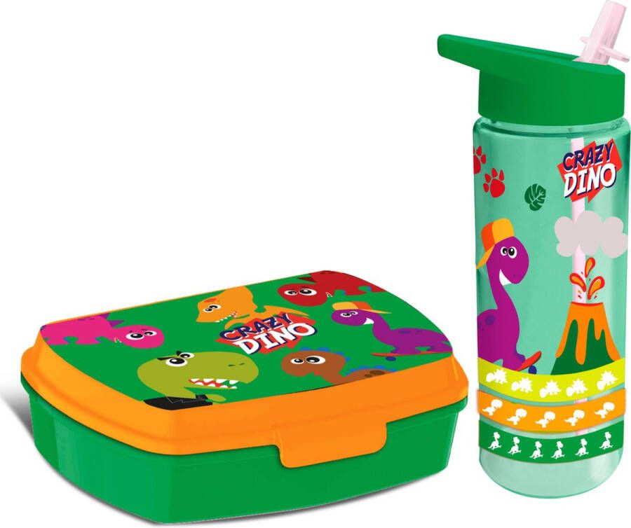 Dino World Crazy Dino lunchbox set voor kinderen 2-delig groen kunststof Lunchboxen