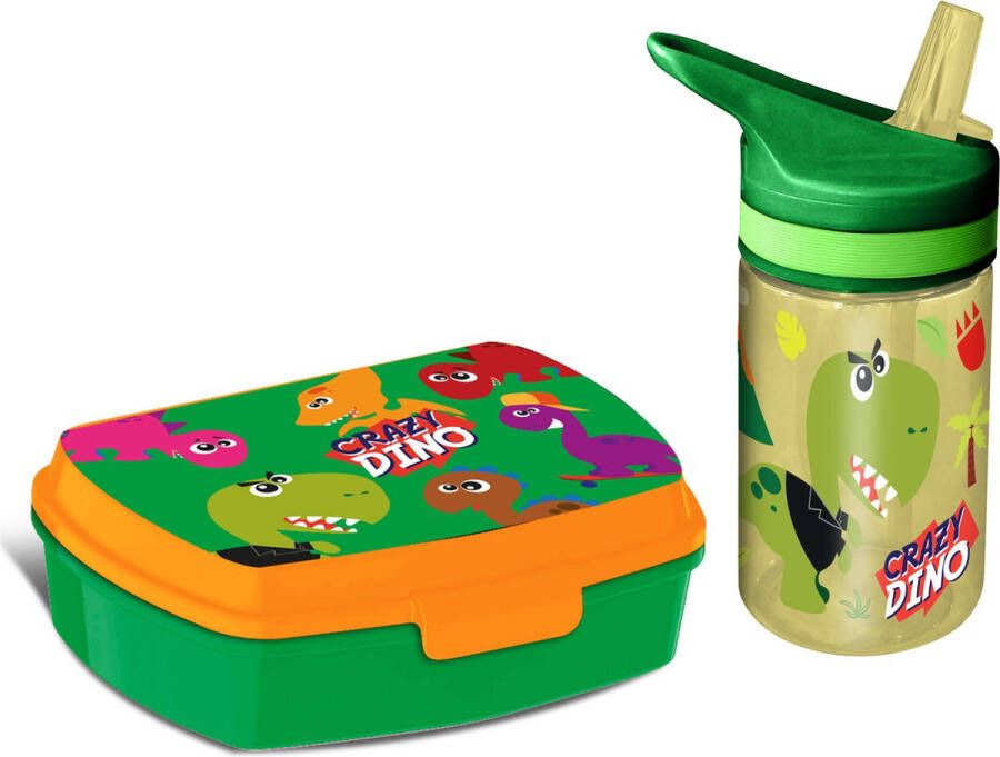 Dino World Crazy Dino lunchbox set voor kinderen 2-delig groen kunststof Lunchboxen