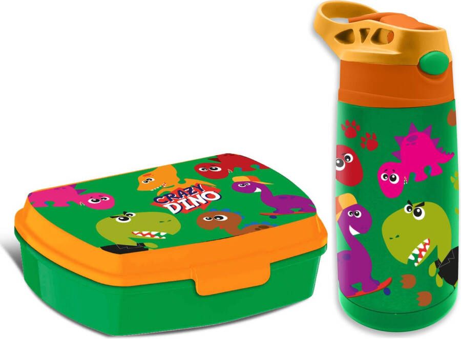 Dino World Crazy Dino lunchbox set voor kinderen 2-delig groen kunststof rvs Lunchboxen