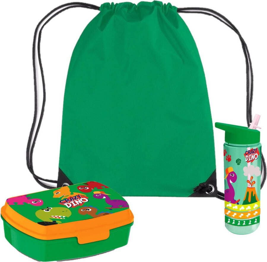 Dino World Crazy Dino lunchbox set voor kinderen 3-delig groen kunststof incl. gymtas schooltas Lunchboxen