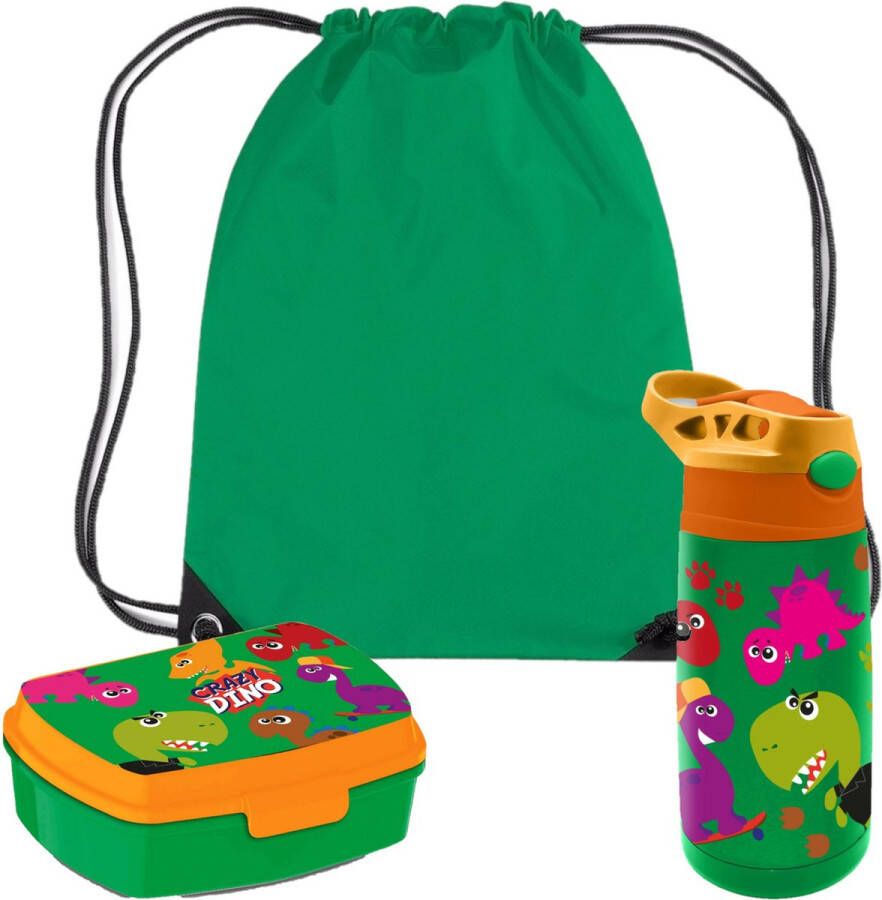 Dino World Crazy Dino lunchbox set voor kinderen 3-delig groen kunststof incl. gymtas schooltas Lunchboxen