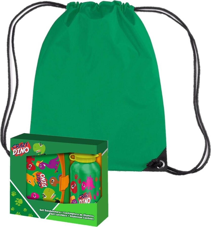 Dino World Crazy Dino lunchbox set voor kinderen 3-delig groen kunststof incl. gymtas schooltas Lunchboxen