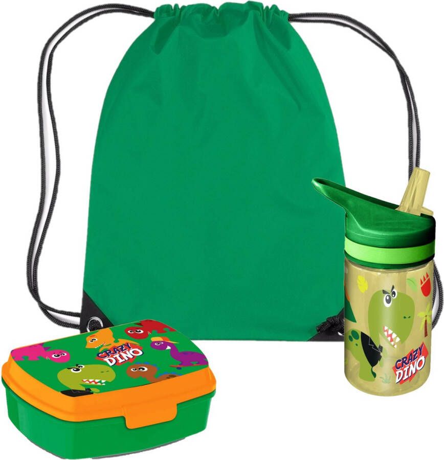 Dino World Crazy Dino lunchbox set voor kinderen 3-delig groen kunststof incl. gymtas schooltas Lunchboxen