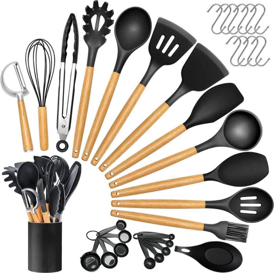 Dinser Kookgerei set 34-delig met Houder Keukengerei Set Garde Spatel Silicone Hittebestendig BPA Vrij Siliconen keukenset keukengerei houder kookgerei set