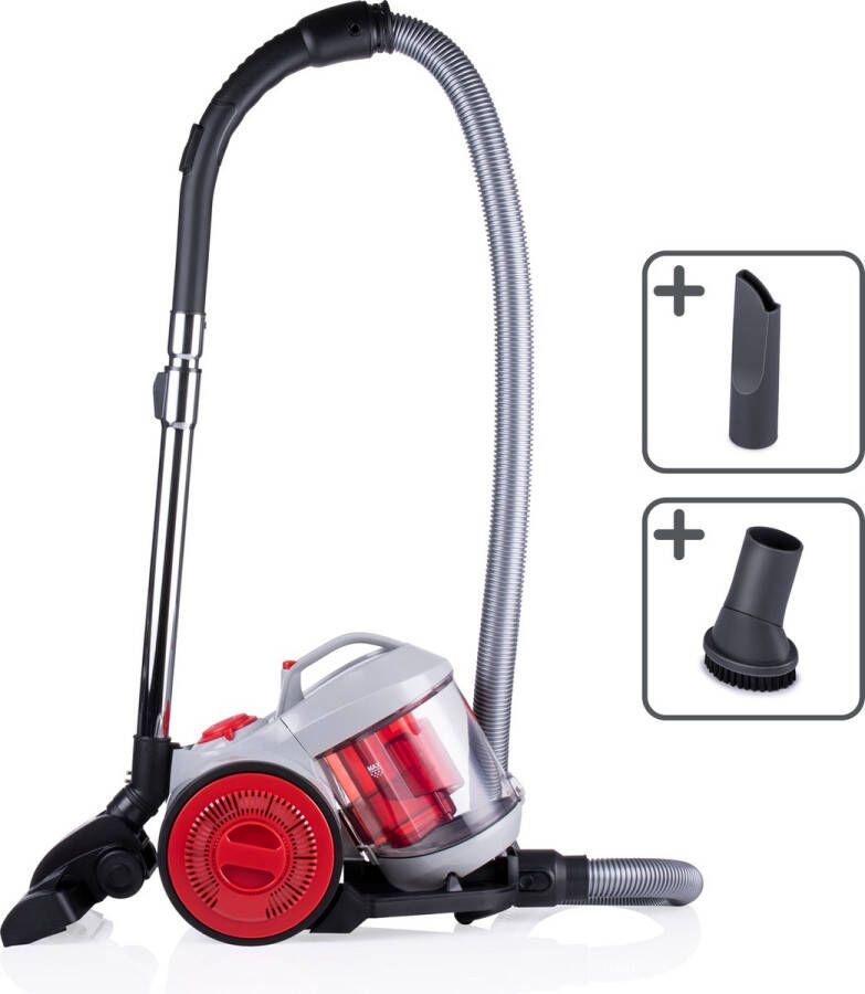 Dirt Devil Stofzuiger zonder Zak DD2503 Vacuum Cleaner 800W HEPA 12 Filter Cycloonstofzuiger met Combiborstel Kierenmondstuk en Meubelopzetstuk Stofopvangbak 2 L Grijs Rood