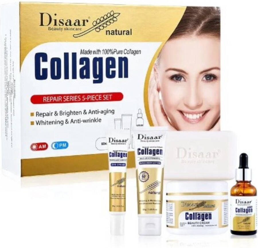 Disaar Collageen huidverzorging set Serum; oogcrème; body crème; zonnebrand lotion en zeep