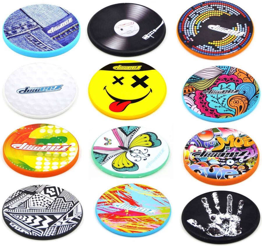 DISCEEZ Pakket van 12 flexibele frisbees met verschillende leuke prints serie 2A