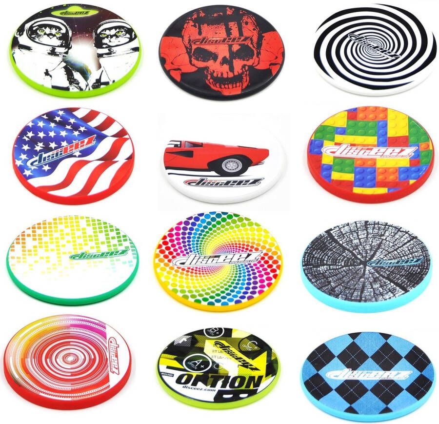 DISCEEZ Pakket van 12 flexibele frisbees met verschillende prints Serie 1B