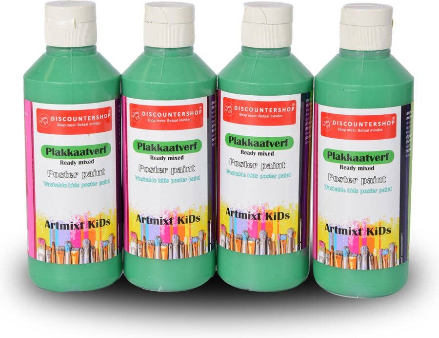 Discounters Groene Plakkaatverf 250ml Voor Volwassenen en Kinderen Set van 4 verf fles Waterbasis en Uitwasbaar Geschikt voor Papier en Hout Extra Dekkende Hobbyverf in Trendy Kleuren Niet-Giftig en Kindvriendelijk
