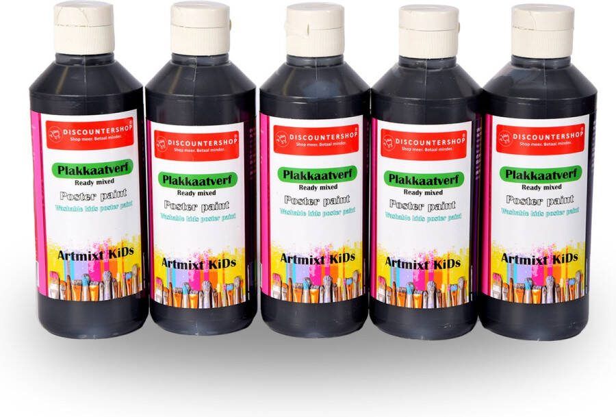 Discountershop 250ml Zwarte Plakkaatverf Set 5 Stuks Extra Dekkende Uitwasbare Verf voor Volwassenen en Kinderen Perfect voor Papier en Hout Niet-Giftig Trendy Kleuren Ideaal voor Hobby's en Knutselen Kantoor & School Schilderen