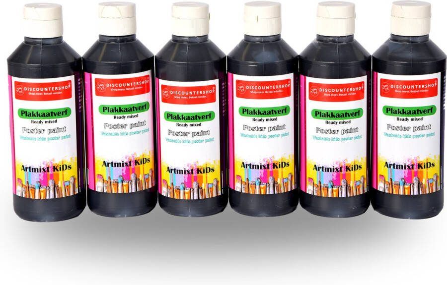 Discountershop 250ml Zwarte Plakkaatverf Set van 6 Voor Volwassenen en Kinderen Uitwasbaar en Niet-Giftig Geschikt voor Papier en Hout Trendy Kleuren Waterbasis Schilderspakketten voor Kinderen