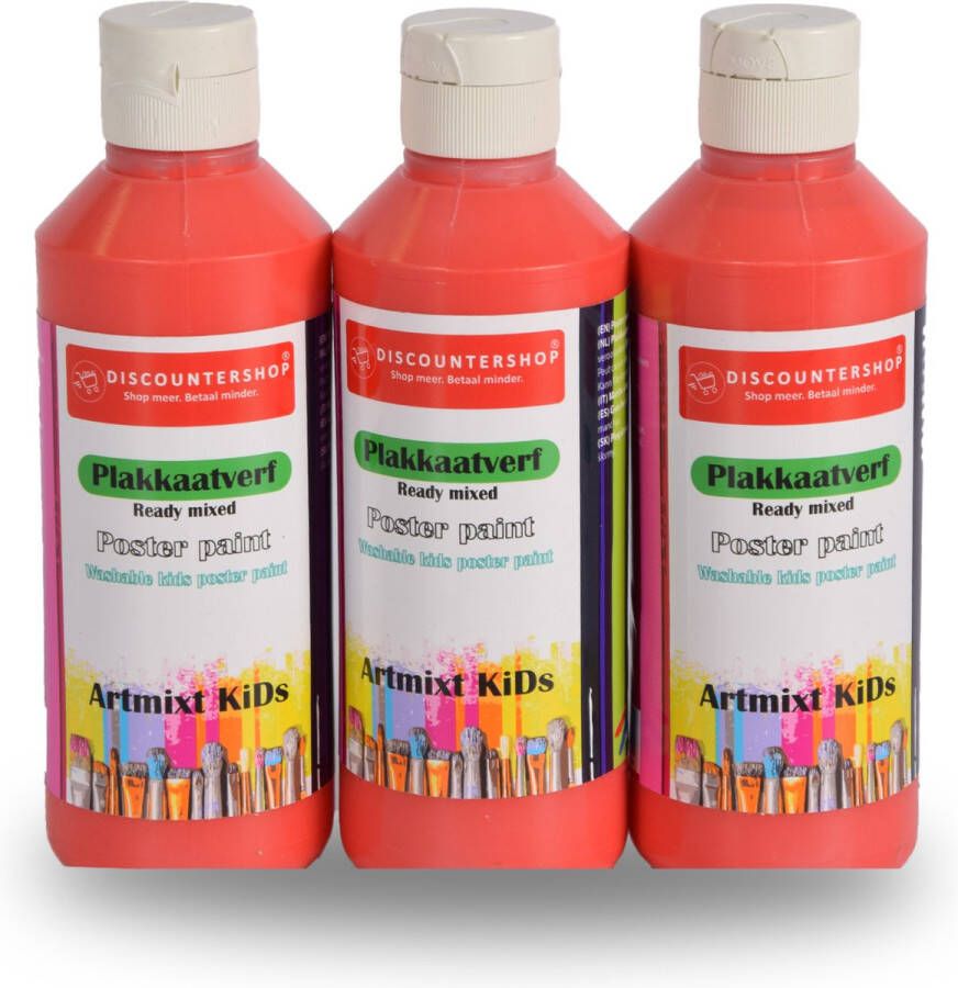 Discountershop 3-Delige Rode Plakkaatverf Set (250 ml elk) Waterbasis Kindvriendelijk en Uitwasbaar Essentieel Knutselspullen Voor Kinderen