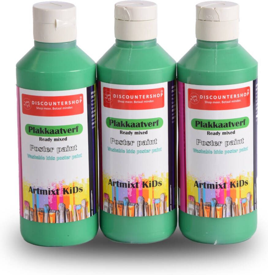 Discountershop 3-Delige Set Groene Plakkaatverf (250 ml per Fles) Ideaal voor Kunst Onderwijs en Knutselprojecten Waterbasis & Kindvriendelijk