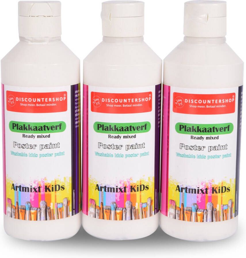 Discountershop 3-Delige Set Witte Plakkaatverf (250 ml per Fles) Veelzijdig en Kindvriendelijk Ideaal voor Hobby's DIY en Creatieve Projecten