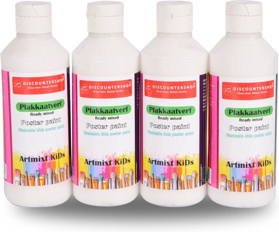 Discountershop 4-Delige Hobbyverf Set van Witte Plakkaatverf (250 ml per Fles) Perfect voor Schilderen en Knutselen Kindvriendelijk op Waterbasis