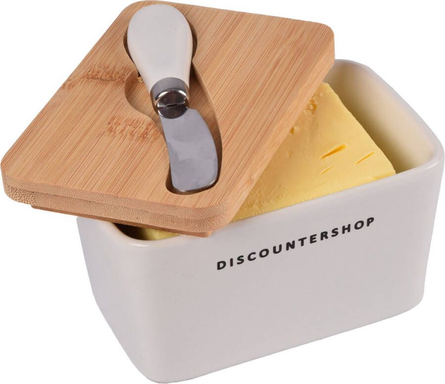 Discountershop Botervloot met keramieken deksel duurzame bamboe inclusief RVS botermesjes vershoudbakje 500 ml perfecte botervloot voor vers houden 14x9.5x8.5 cm bewaardoos voor koken & tafelen