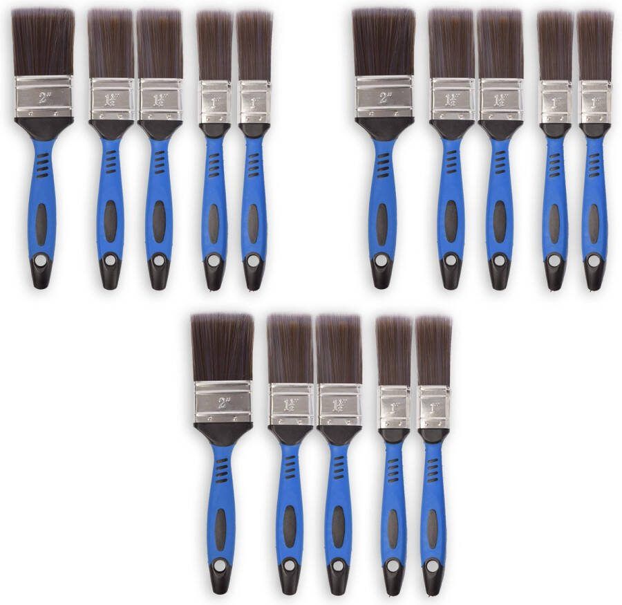 Discountershop Complete Kwastenset voor Muurverf 3 Sets 1 Set Bevat 5 stuks in Verschillende Maten (25mm 40mm 50mm) Platte Kwasten met Synthetisch Haar & Silicone Handvat