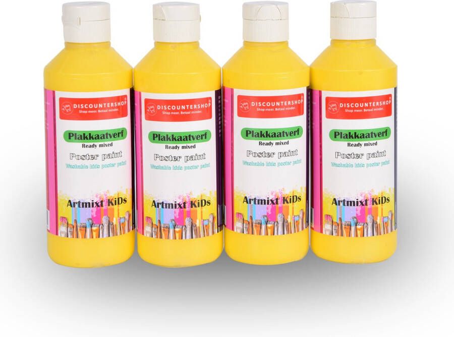 Discountershop Complete Set van 4 Gele Plakkaatverven (250 ml elk) Waterbasis Kindvriendelijk & Uitwasbaar Ideaal voor Hobby- en Educatieve Projecten