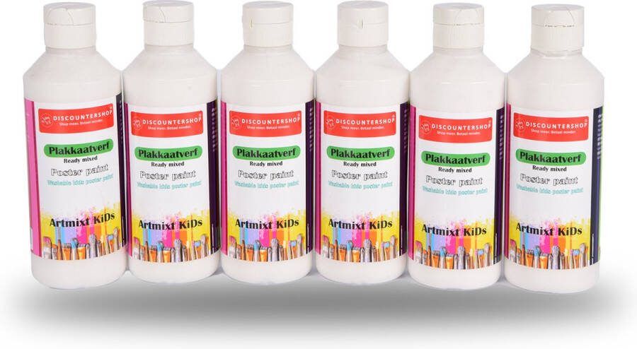 Discountershop Creatieve Set Plakkaatverf 250ml elk 6 Stuks in Trendy Wit Kleuren Wateroplosbaar en Uitwasbaar Veilig voor Alle Leeftijden Perfect voor Kunst op Papier en Hout