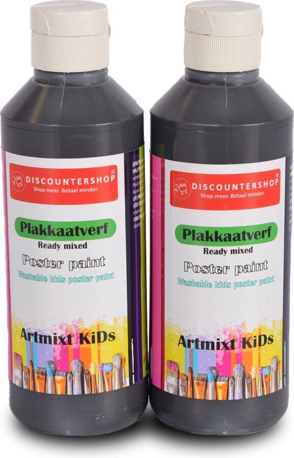 Discountershop Duurzame Plakkaatverf Set voor Kinderen en Volwassenen 2 Delige 250ml Zwarte Verf 5cm Breed 16cm Hoog Uitwasbaar & Waterbasis Inclusief Verf voor Papier & Hout Niet-Giftig Ideaal voor Hobbyverf Schilderspakketten en Knutselspullen