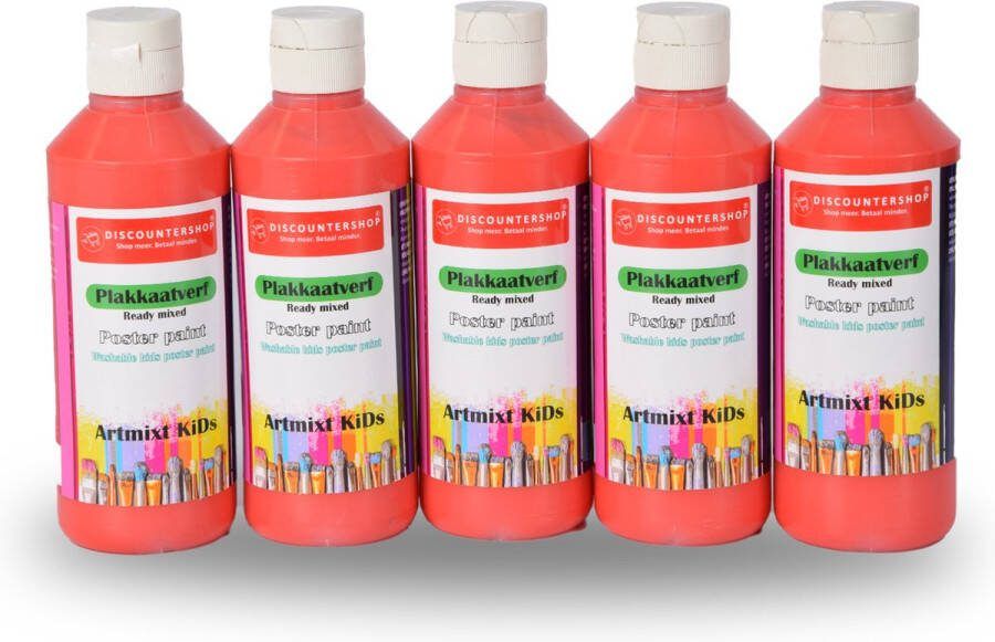 Discountershop Extra Dekkende 5 Stuks Plakkaatverf Rood 250ml Kind- en Volwassenvriendelijk Uitwasbaar en Niet-Giftig Geschikt voor Papier en Hout 16cm Hoog 5cm Breed