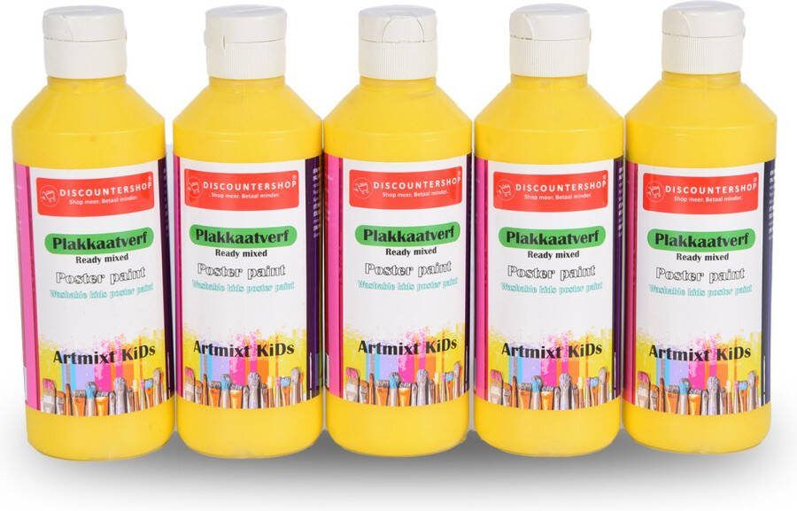 Discountershop Gele Plakkaatverf 250ml 5 Tubes van 16cm: Extra Dekkend Uitwasbaar en Kindvriendelijk op Waterbasis Geschikt voor Papier en Hout Voor Kinderen en Volwassenen