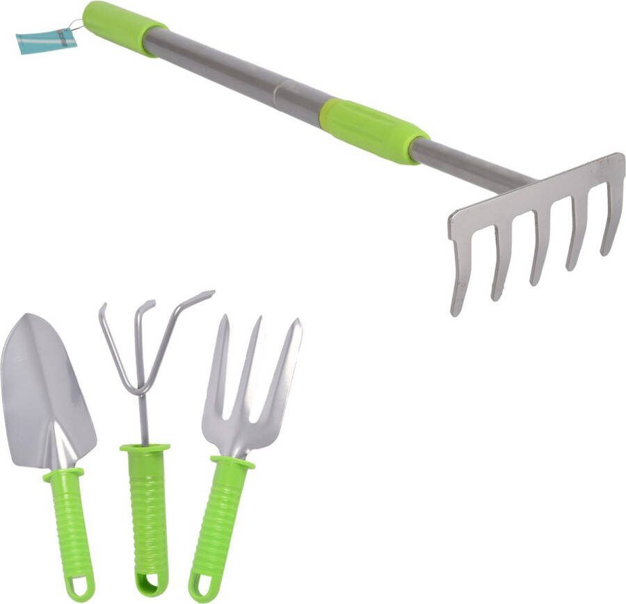 Discountershop Groen & Zilveren Tuingereedschap Set Gemaakt Van Metaal En Plastic| Inhoud1 Hark En 3stuks Tuingereedschap Hark verstelbaar tot 90 cm Tuingereedschap met 25*8cm| Onmisbaar Voor Tuinonderhoud
