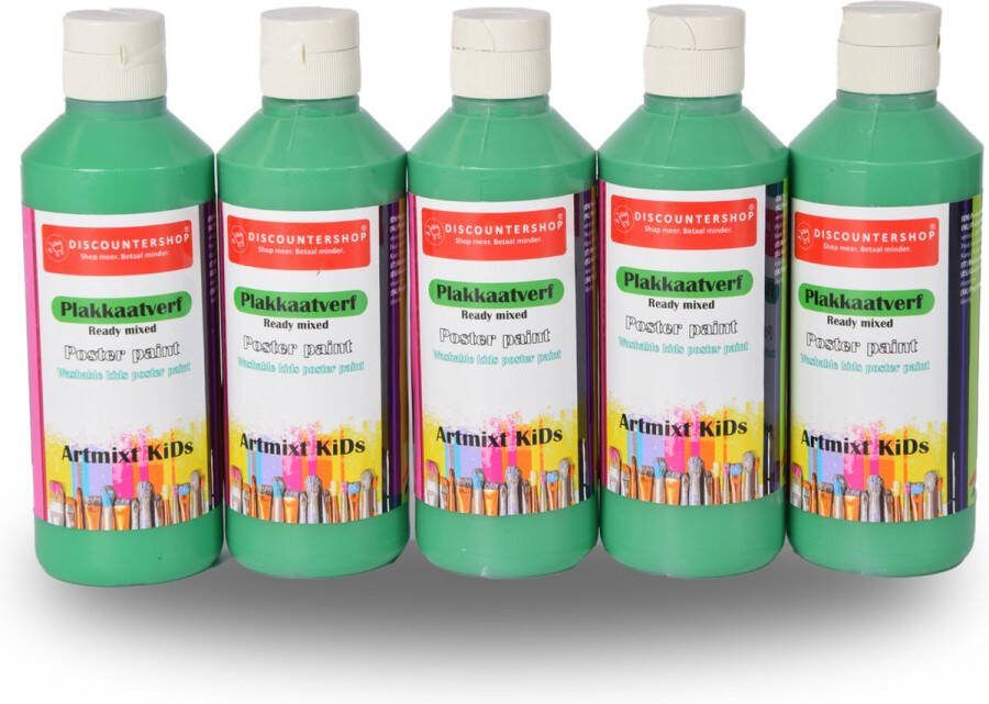 Discountershop Groene Plakkaatverf Set 250ml 5 Delige Verf Waterbasis en Uitwasbaar Geschikt voor Alle Leeftijden Compleet Schilderspakket met Penselen Veilig en Niet-Giftig Ideaal voor Knutsel- en Tekendoelen op Papier en Hout