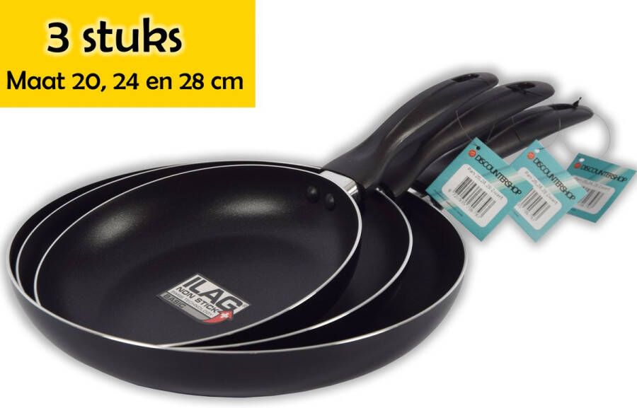 Discountershop Keukenpan met 3 set en heeft een diameter van Ø 20 24 en 28 cm Zwart Luxe hapjespan keukenpan Anti-aanbaklaag handvat zwart Pan zonder deksel- Koekenpannenset