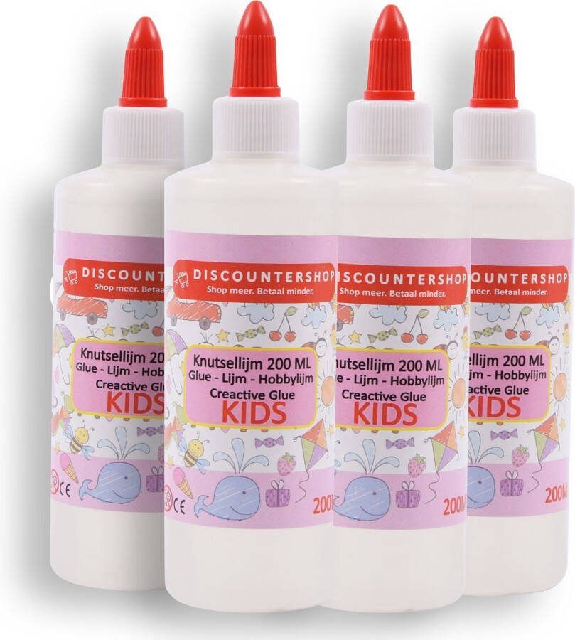 Discountershop Knutsellijm 200ml per tube 4 stuks Totaal 800ml doorzichtige kinderlijm all purpose glue ideaal voor knutselen goedkope lijm