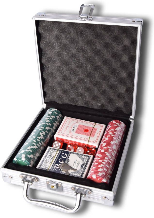 Discountershop Luxe Poker Set in Aluminium Koffer Inclusief 100 Chips Pokerkaarten en 5 Dobbelstenen 21cm x 21cm