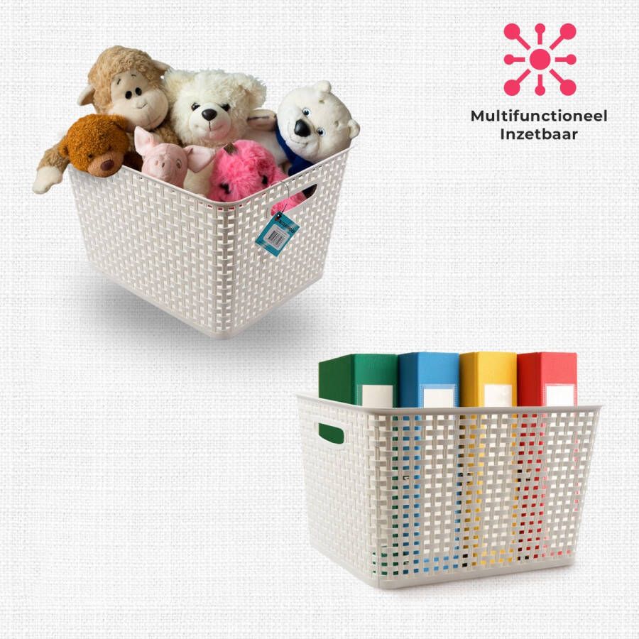 Discountershop Opbergbakjes Lade Organizer Set van 2 Witte Kunststof 36 cm x 29.5 cm x 22 cm 17 Liter elk Rattan Mand Zonder Deksel Voor Woonkamer Slaapkamer of Kinderkamer