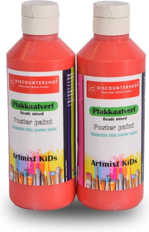 Discountershop Plakkaatverf Set 250ml Rood 2 Stuks Extra Dekkend & Uitwasbaar Geschikt voor Kinderen & Volwassenen 5cm Breed 16cm Hoog Ideaal voor Papier en Hout Veilig & Niet-Giftig