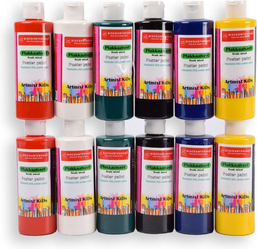 Discountershop Plakkaatverf Set voor Kinderen 12 Basiskleuren 250 ml Elke Kleur Milieuvriendelijk Hobbyverf voor Knutsel- en Schilderprojecten