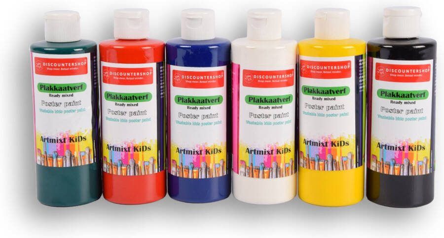 Discountershop Plakkaatverf Set voor Kinderen Basiskleuren 250ml x 6 stuks Veilig en Milieuvriendelijk Hobby- en Knutselspullen voor Creatieve Avonturen