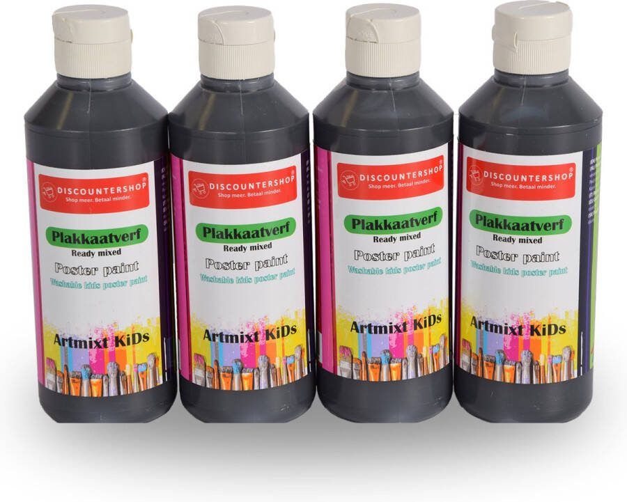Discountershop Plakkaatverf Zwart 250ml 4 Pack Extra Dekkend & Uitwasbaar Geschikt voor Kinderen en Volwassenen Ideaal voor Papier & Hout Veilig & Niet-Giftig Compleet Schilderset