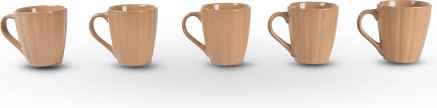 Discountershop Set van 5 Aardewerk Koffie Kopjes 200ml Beige Met Keramisch Patroon Diameter Top: 7.5cm Hoogte: 9cm Servies Perfect voor Geschenken Kopjes & Mokken