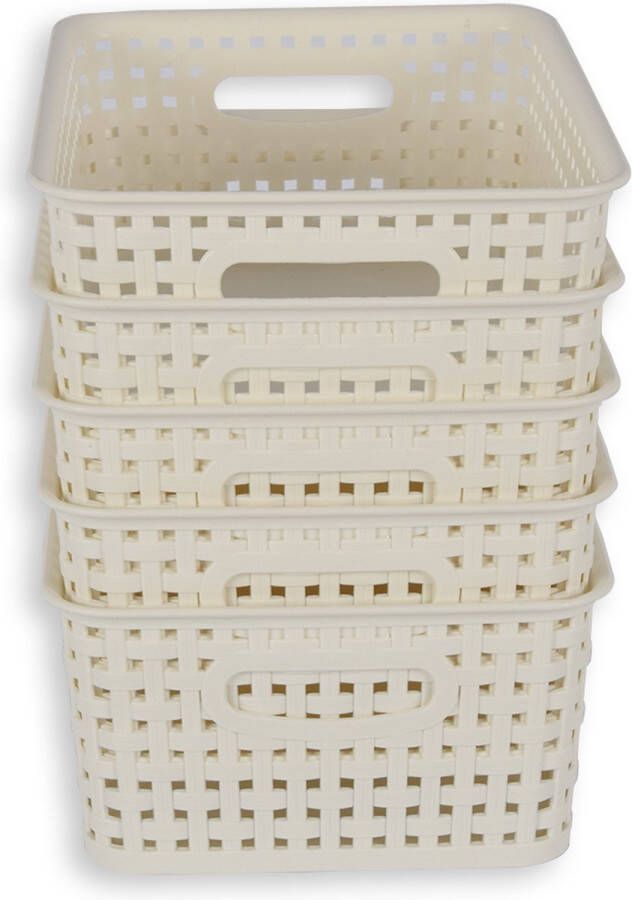 Discountershop Set van 5 Rechthoek Opbergboxen voor de Woonkamer |Witte Kunststof Woonartikelen met Rattan Look 25 5cm x 19 5cm x 10 5cm