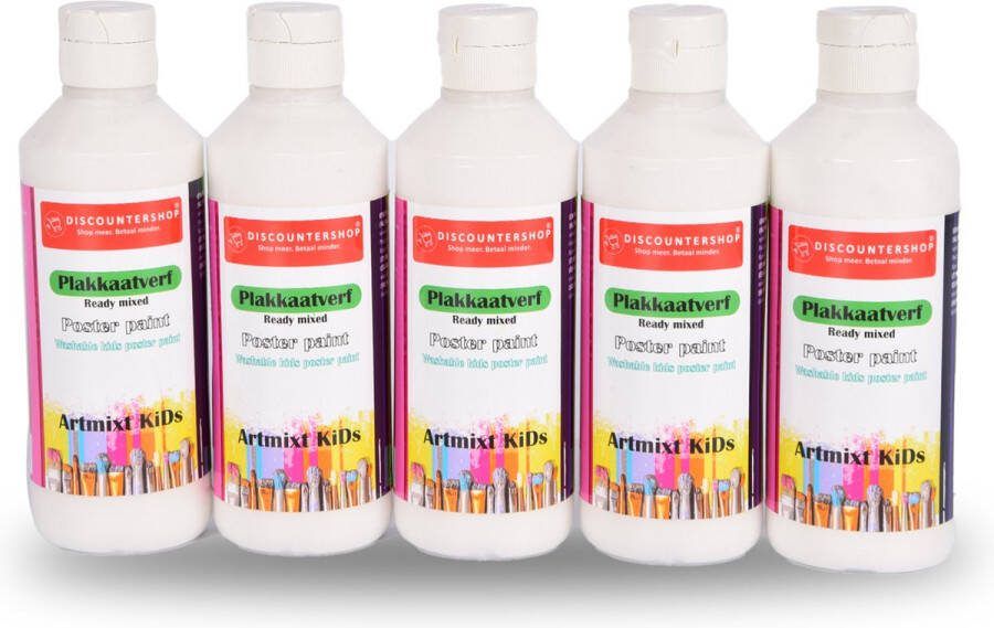 Discountershop Set Van 5 Witte Plakkaatverf 250ml Voor Creatieve Geesten van Alle Leeftijden Trendy Kleuren Veilig voor Papier en Hout Uitwasbaar Niet-Giftig Creatieve Schilderspakketten Watergedragen Kindvriendelijk