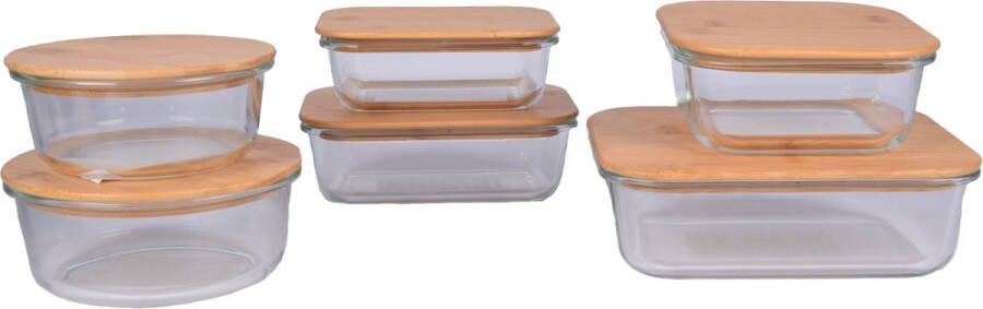 Discountershop Set van 6 Glazen Vershoudbakjes met Deksel Ideaal voor Lunch en Voedselopslag Borosilicaatglas en Bamboo