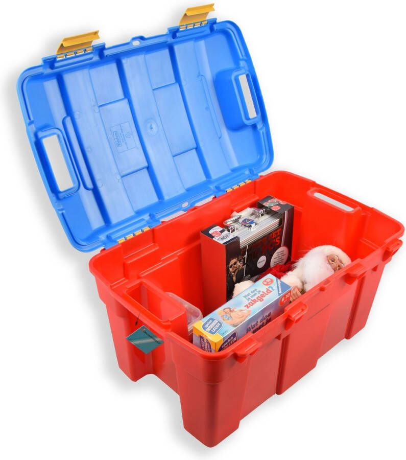Discountershop Stevige opberger 40L Rood & Blauw opbergbox kofferbak kinderspelgoed gereedschap lego |Boeken Opbergdoos Scharnierend deksel