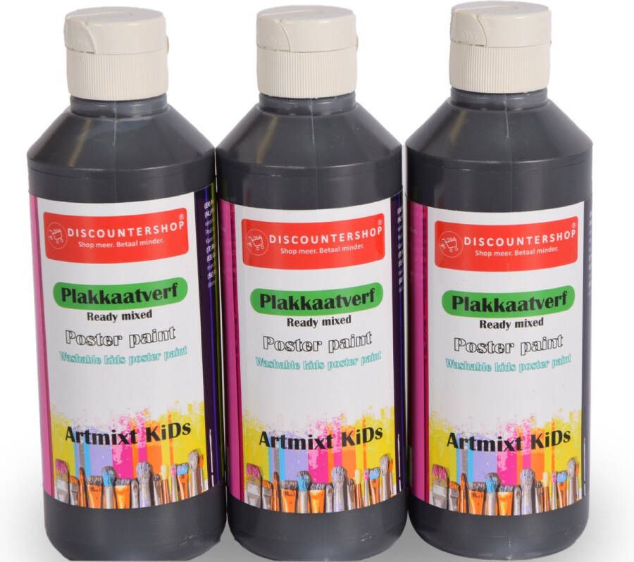 Discountershop Trio-Pack Zwarte Plakkaatverf Set (250 ml elk) Ideaal als Hobbyverf voor Kinderen en Volwassenen Kindvriendelijk en Uitwasbaar