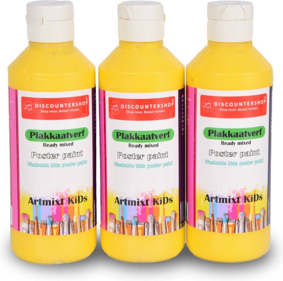 Discountershop Uitwasbaar Plakkaatverf Set (3x 250 ml) Geel Waterbasis Kindvriendelijk Essentieel Knutselspullen Voor Kinderen en Volwassenen