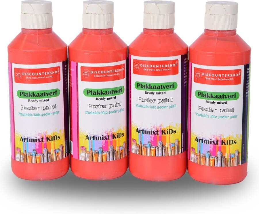 Discountershop Uitwasbare Plakkaatverf Rood 250ml voor Kinderen en Volwassenen Set van 4 Napjes Extra Dekkend Niet-Giftig Waterbasis Ideaal voor Papier en Hout Perfect Hobbyverf Knutselspullen en Schilderspullen