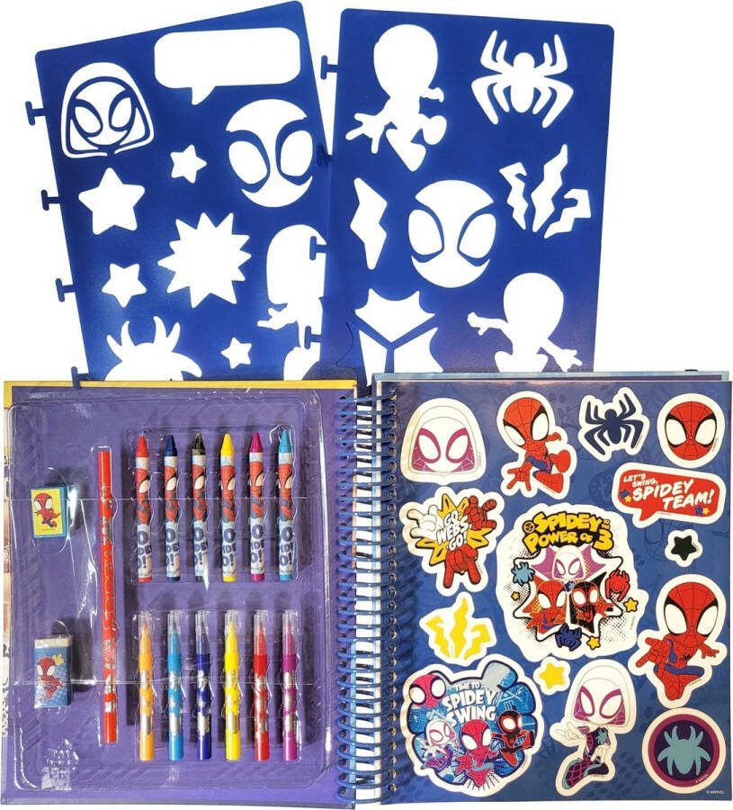 Disney Marvel Spidey and his amazing friends Activity stencil book Multimap met kleurplaten kleurpapier waskrijt stiften stickers stencils potlood gum en puntenslijper