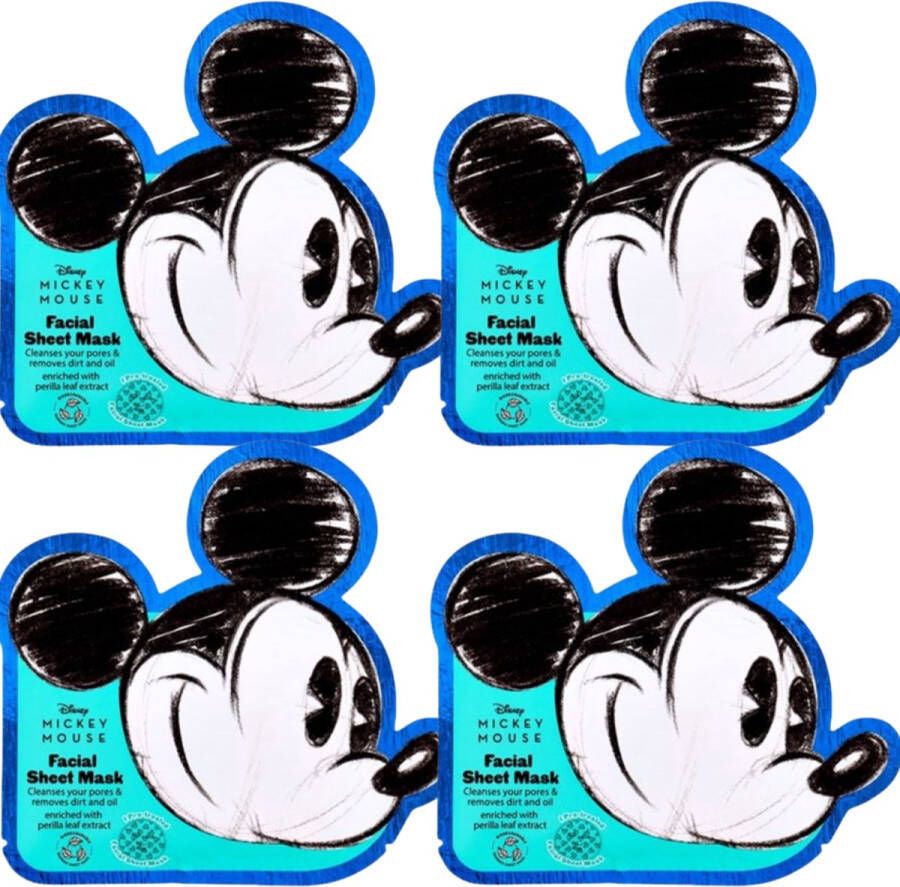Disney Mickey Mouse Gezichtsmasker met Kalmerend Perilla Bladextract Magische Huidverzorging met Mickey's Positieve Vibes Face Mask 4 x 23 ml