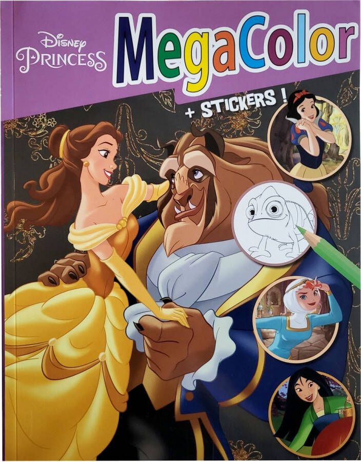 Disney Princess Megacolor Belle kleurboek met + - 130 kleurplaten en 1 stickervel prinsessen knutselen kleuren tekenen creatief verjaardag kado cadeau