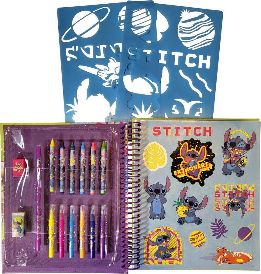 Disney Stitch Activity kleurboek 16 kleurplaten 2 stencils 2 stickervellen 6 waskrijtjes 6 stiften potlood gum puntenslijper knutselen