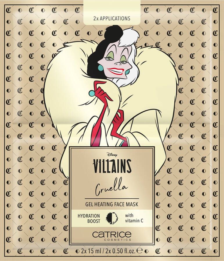 Merkloos Disney Villains Cruella de Vil gezichtsmasker gel heating face mask hydratatie boost met vitamine C 2 maskers 2x 15 ml